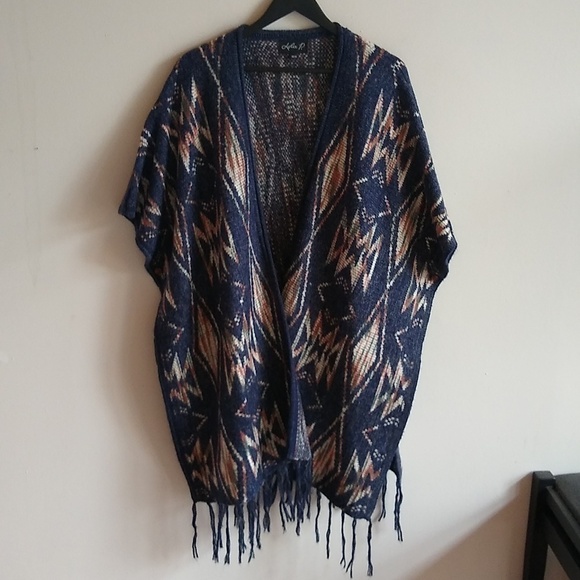 Southwest Knit Shawl Cardigan Blanket Poncho Wrap Aztec Western Cowgirl OS - Picture 1 of 12